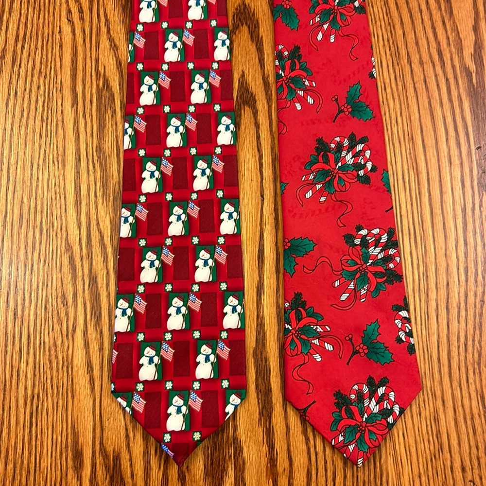 2 Vintage Hallmark Christmas Silk Ties - Snowman w/ American Flag & Candy Canes